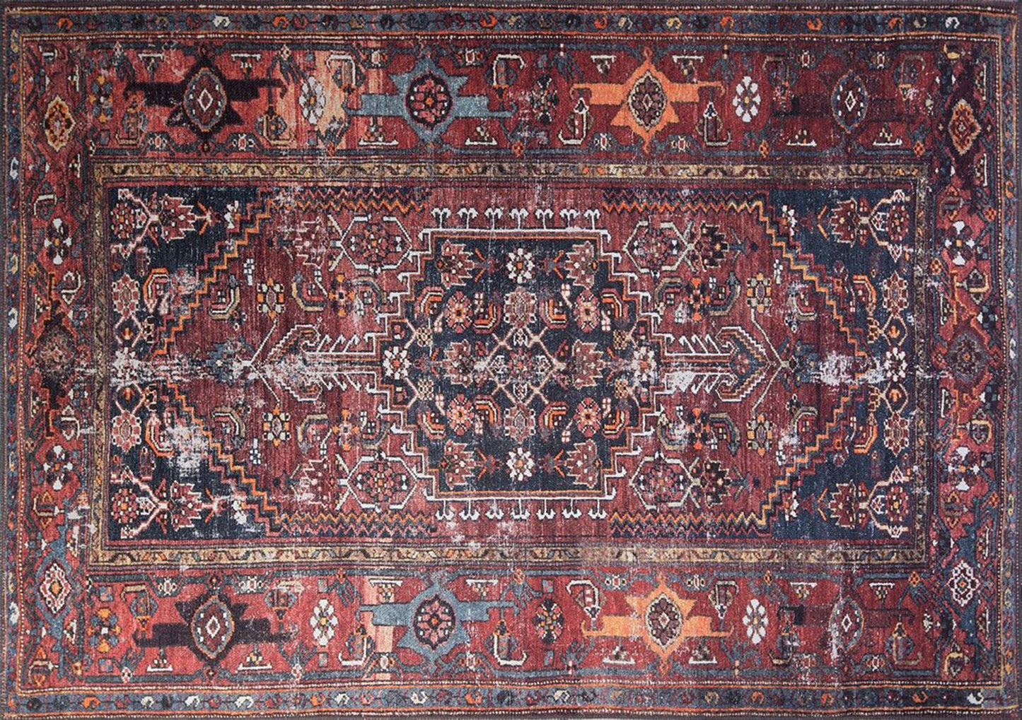 ZAHRA | Antique Persian Heriz Pattern Oriental Rug, Hand-knotted texture, Traditional decor, Mid-century Modern, Navy blue, Red, Area Rugs