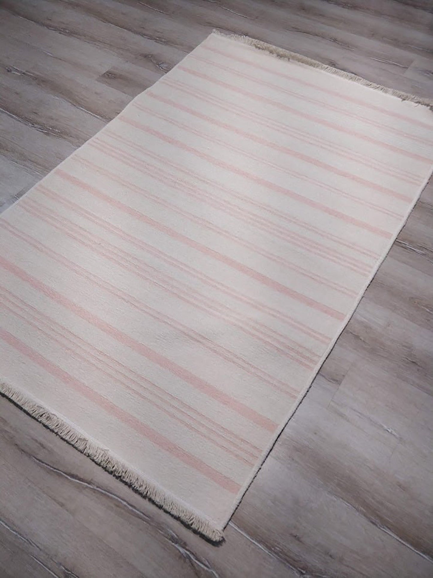 PAMA | Revesible Kilim Rug, Washable Flatweave Soft, Pastel Pink Modern Turkish Rug, Neutral White Striped rug, Double Sided, Shabby chic