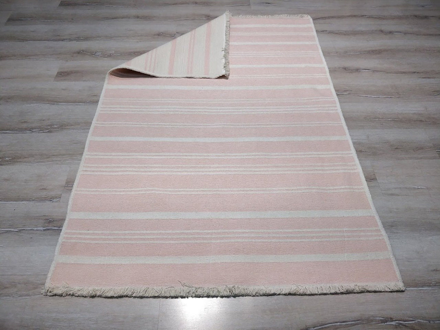 PAMA | Revesible Kilim Rug, Washable Flatweave Soft, Pastel Pink Modern Turkish Rug, Neutral White Striped rug, Double Sided, Shabby chic