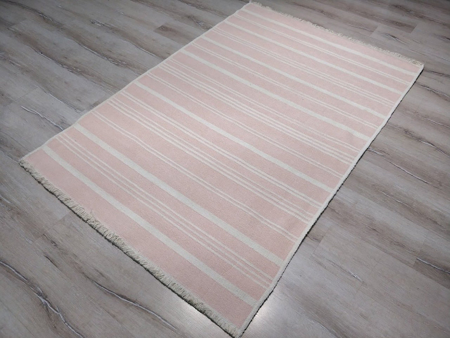 PAMA | Revesible Kilim Rug, Washable Flatweave Soft, Pastel Pink Modern Turkish Rug, Neutral White Striped rug, Double Sided, Shabby chic