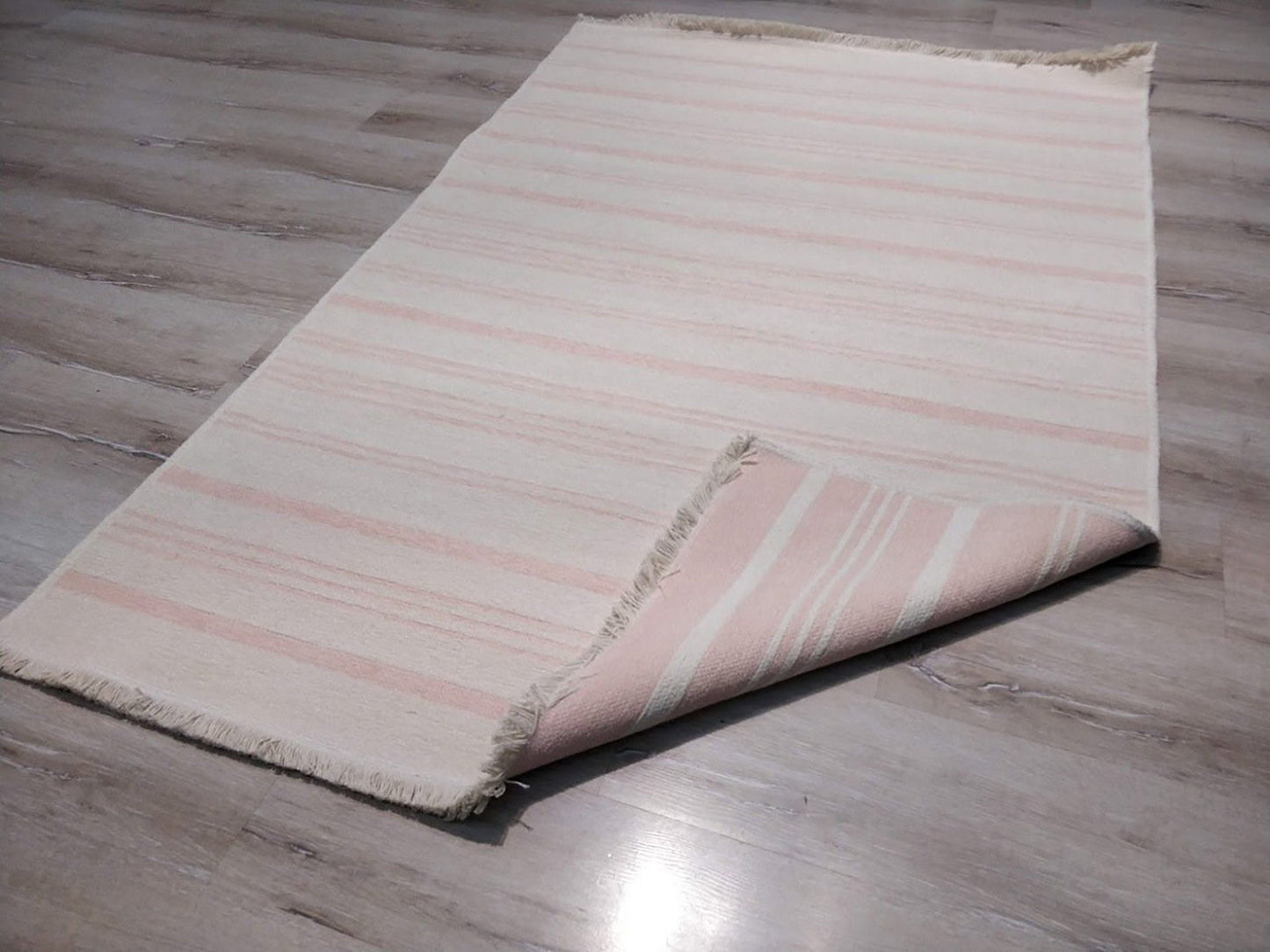 PAMA | Revesible Kilim Rug, Washable Flatweave Soft, Pastel Pink Modern Turkish Rug, Neutral White Striped rug, Double Sided, Shabby chic