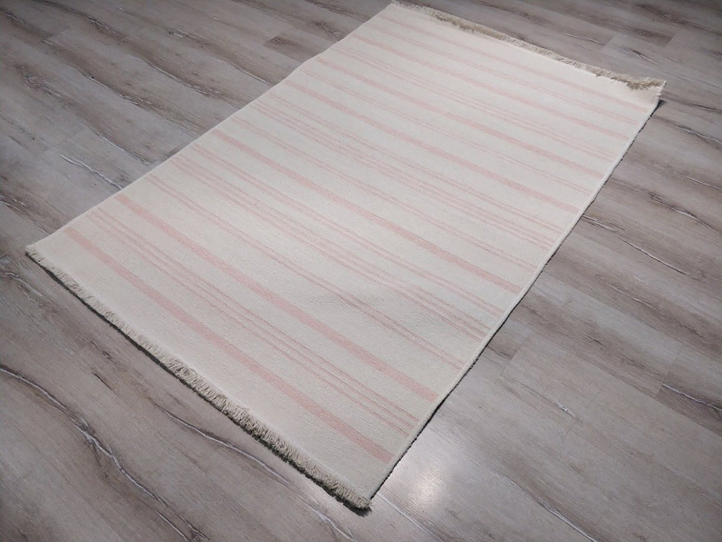 PAMA | Revesible Kilim Rug, Washable Flatweave Soft, Pastel Pink Modern Turkish Rug, Neutral White Striped rug, Double Sided, Shabby chic