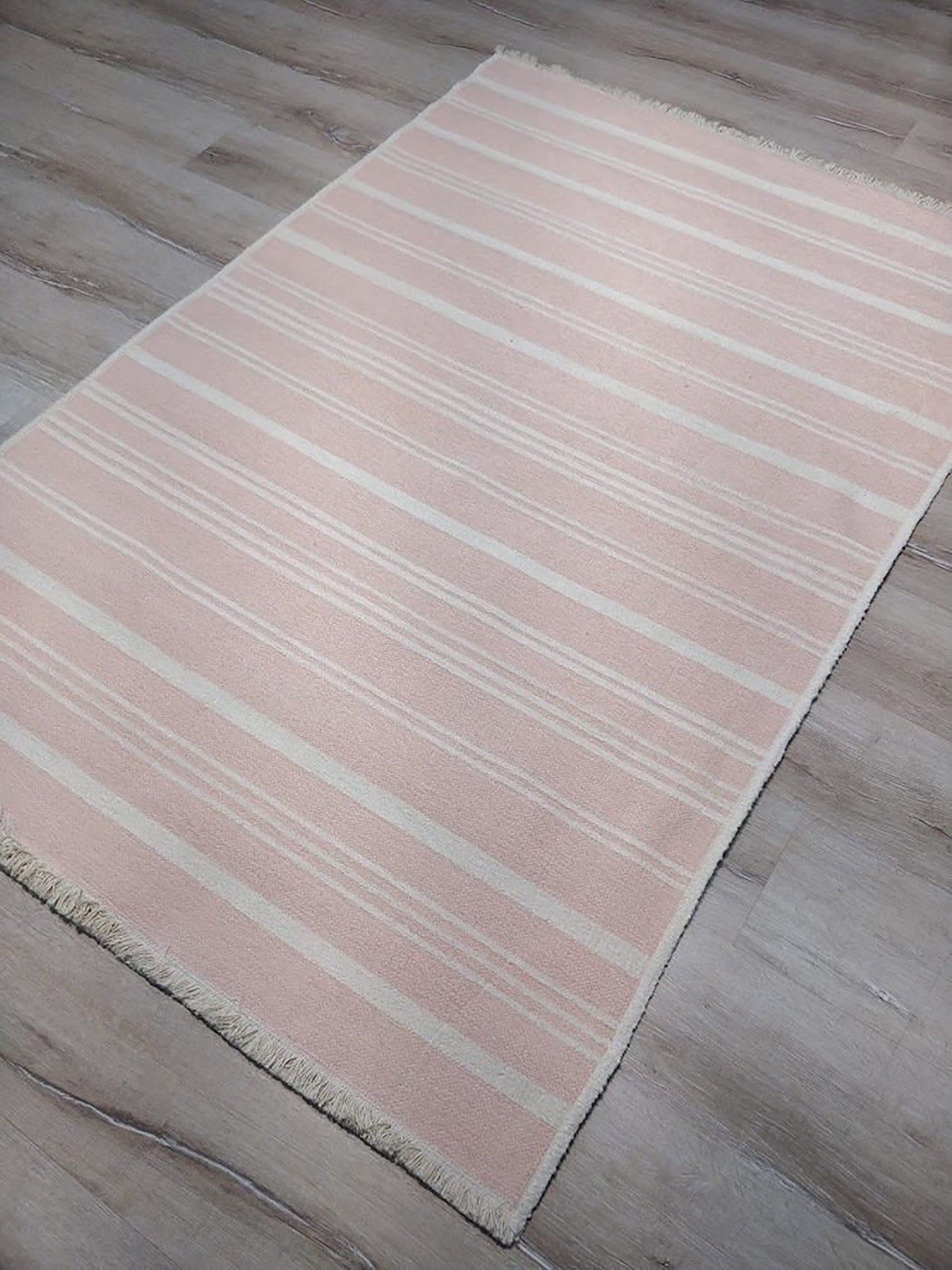 PAMA | Revesible Kilim Rug, Washable Flatweave Soft, Pastel Pink Modern Turkish Rug, Neutral White Striped rug, Double Sided, Shabby chic