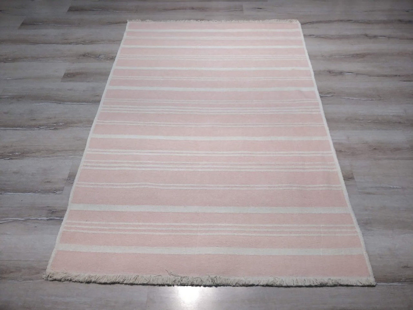 PAMA | Revesible Kilim Rug, Washable Flatweave Soft, Pastel Pink Modern Turkish Rug, Neutral White Striped rug, Double Sided, Shabby chic