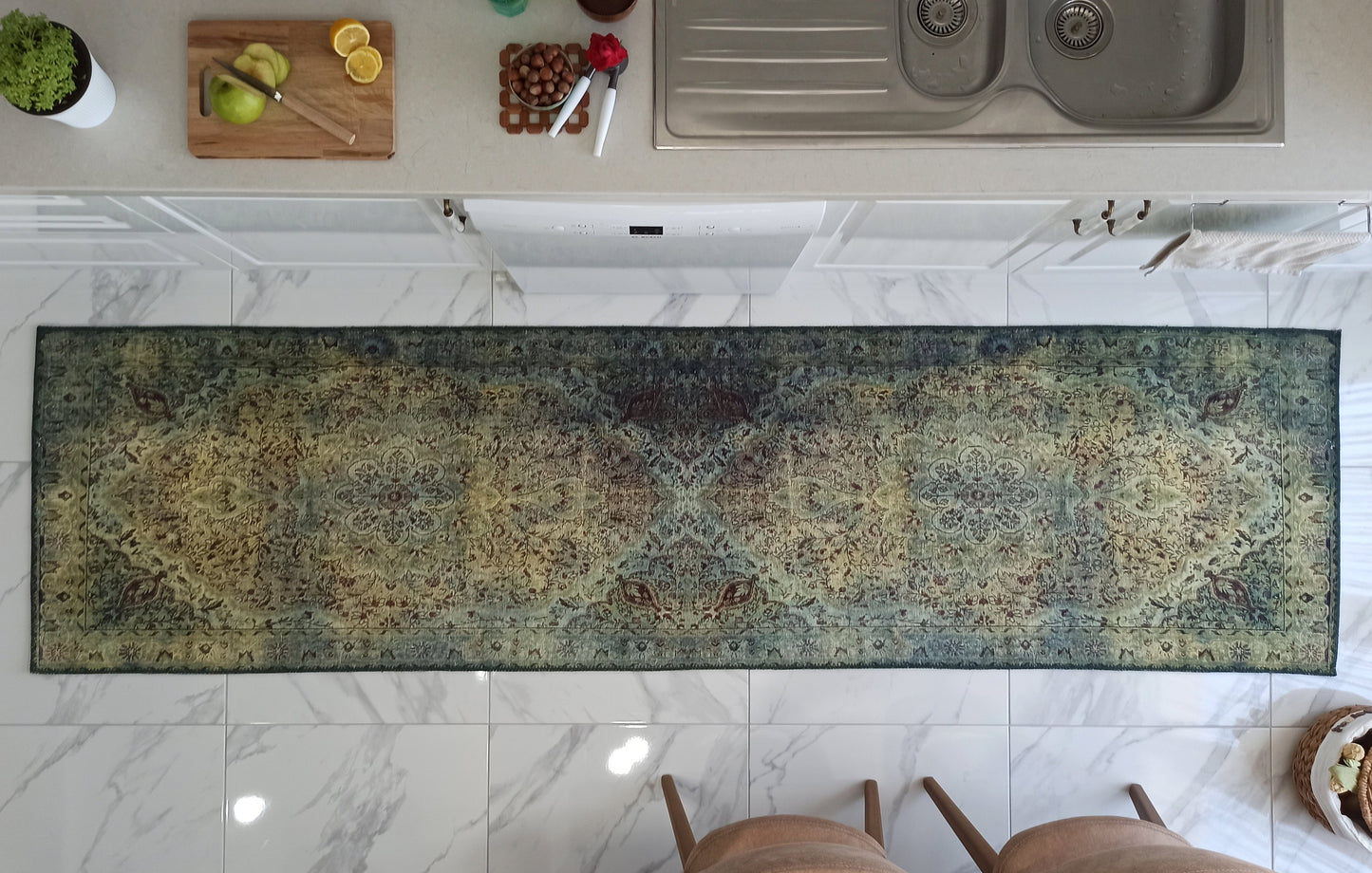 RENE Runner | Green Oriental Persian Runner, Vintage Hand-knotted texture, Kitchen decor, Over-dyed Faded Floral Motifs, Luxury Hallway rug