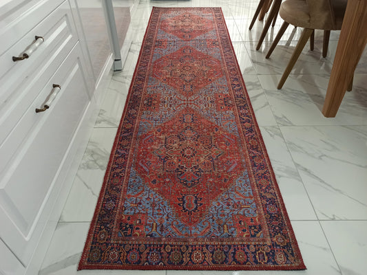 HANDA | Heriz Light & Navy Blue Red Design Rug, Medallion Oriental Runners, Persian Pattern, Antique Hand knotted look, Farmer House Decor