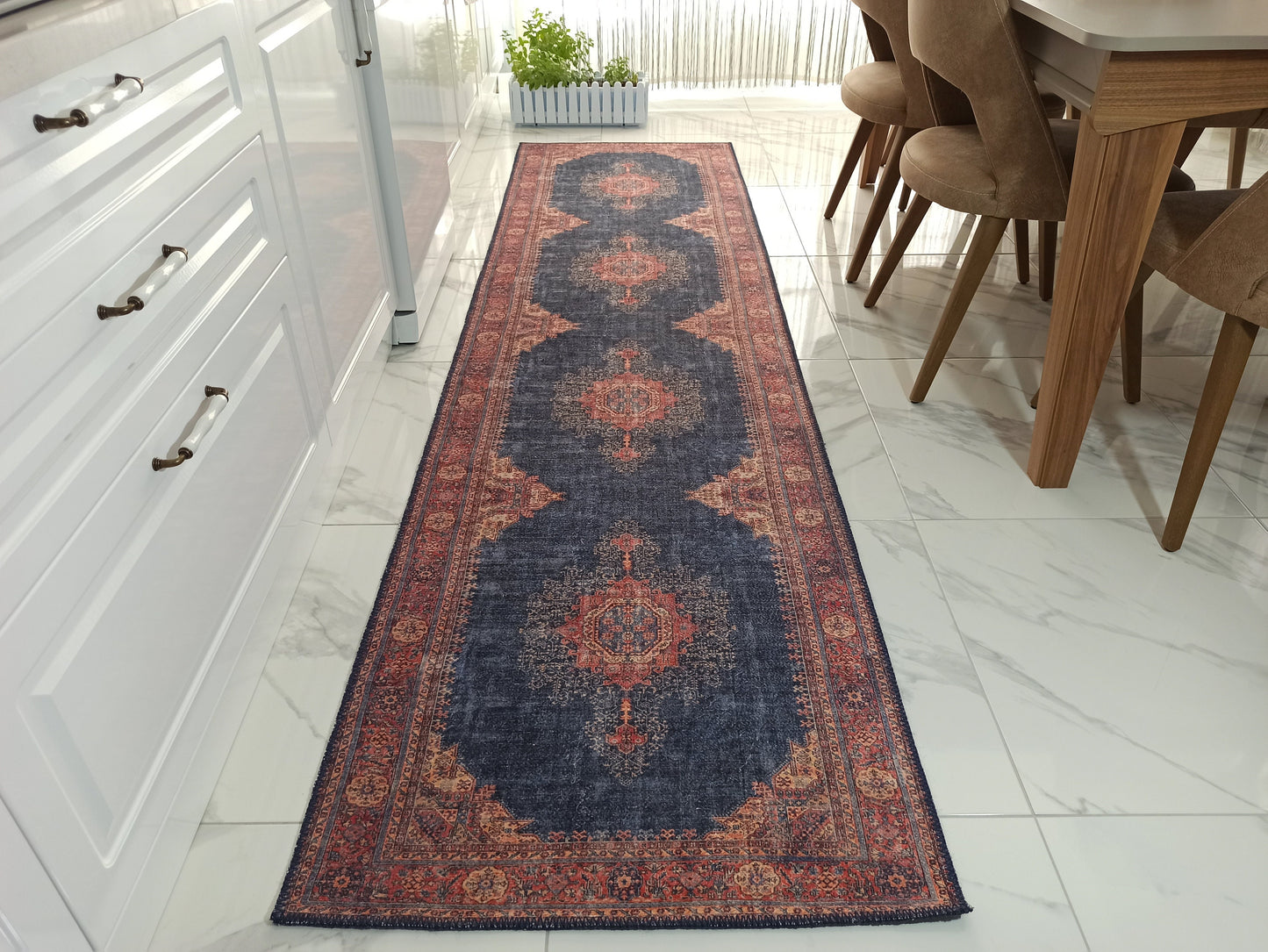 NARGAN Runner | Persian Pattern Oriental Rug, Antique Hand-knotted look, Home decor, Traditional, Art deco Runners, Navy blue, Red, Rugs