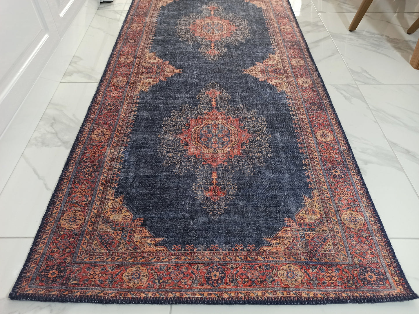 NARGAN Runner | Persian Pattern Oriental Rug, Antique Hand-knotted look, Home decor, Traditional, Art deco Runners, Navy blue, Red, Rugs