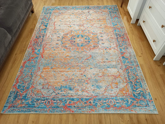 NOEMI | Turkish Oriental rug, Beige Orange Light Blue Vintage look, Hand-knotted pattern, Mid-century Bohemian style Area rug and Runner Rug