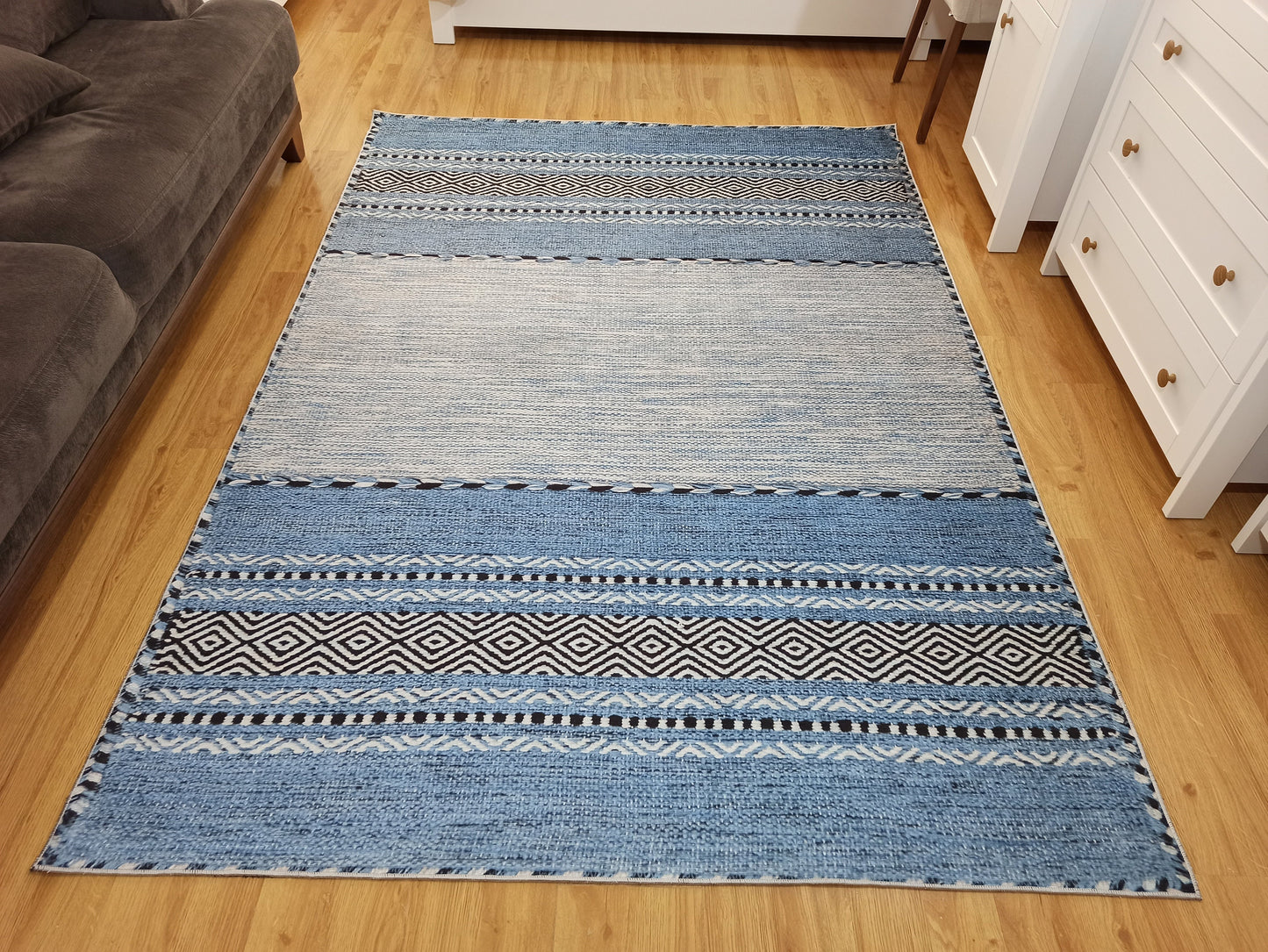 ELISE | Modern Rug, Blue Contemporary Design, Gray Striped Kilim handwoven texture, Housewarming Hand-loomed cotton back, Farmhouse Art Rugs