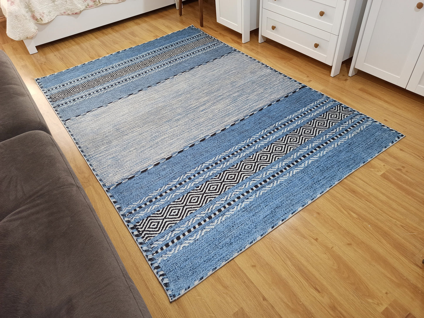 ELISE | Modern Rug, Blue Contemporary Design, Gray Striped Kilim handwoven texture, Housewarming Hand-loomed cotton back, Farmhouse Art Rugs