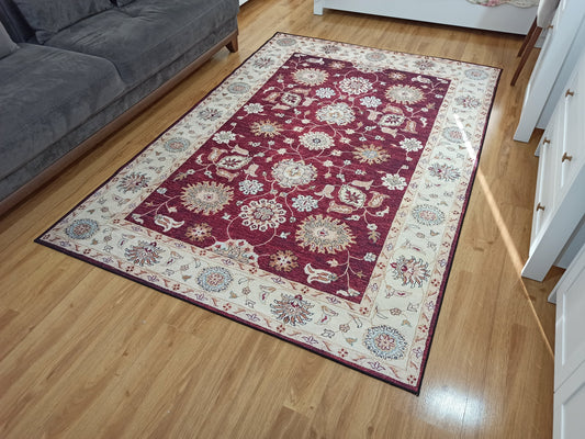 RABA | Turkish Rug, Burgundy Red Beige Oriental Pattern, Claret Vintage Hand-knotted look, Bohemian Eclectic, Boho Chic Room Decor, Carpet