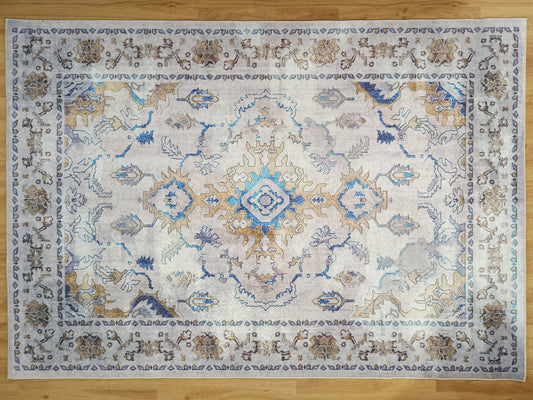 RALA | Oushak Turkish Rug, Beige Vintage look Area Rug, Gold Oriental Blue motif, Home decor, Living room rug, Distressed Luxury, Teppich