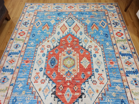 DANIZ | Turkish rug, Light Blue & Coral red Vintage look Hand-knotted pattern Area rug, Farmhouse decor, Geometric, Luxury Housewarming rugs