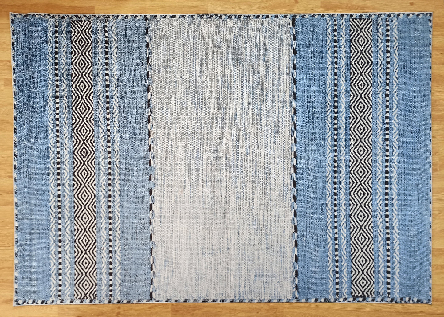 ELISE | Modern Rug, Blue Contemporary Design, Gray Striped Kilim handwoven texture, Housewarming Hand-loomed cotton back, Farmhouse Art Rugs