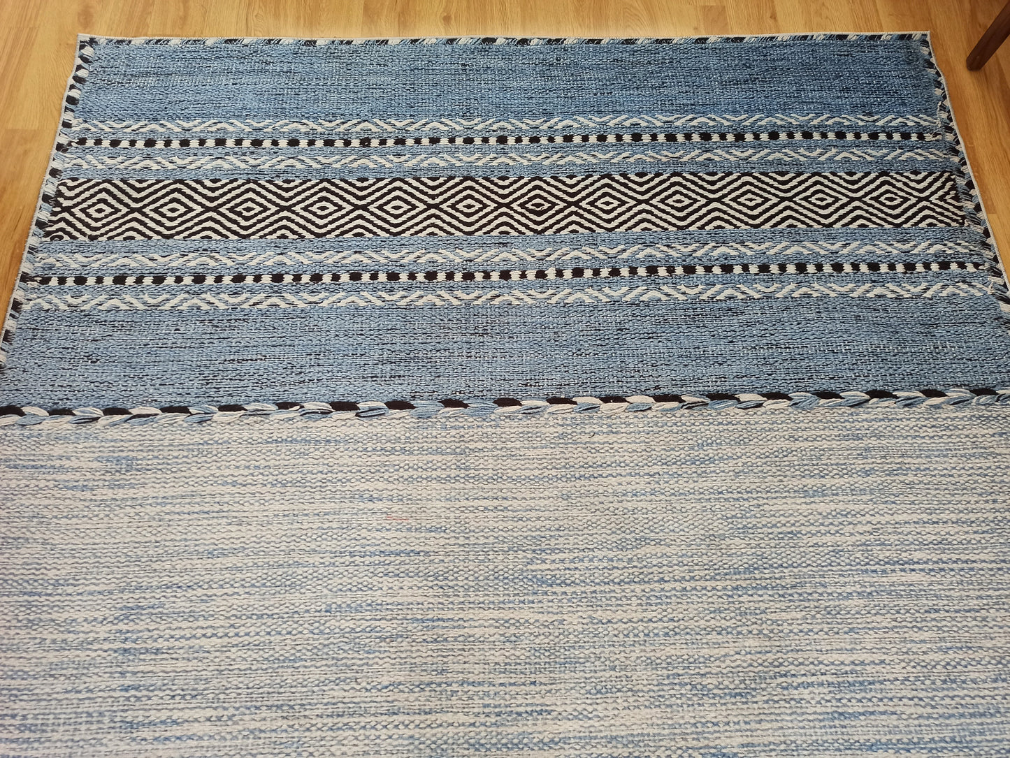 ELISE | Modern Rug, Blue Contemporary Design, Gray Striped Kilim handwoven texture, Housewarming Hand-loomed cotton back, Farmhouse Art Rugs