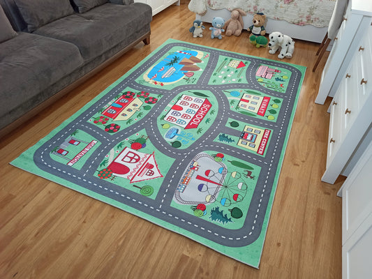 GREEN ROAD RUG | Play mat, Soft, Play house, Car, Road rug, Nursery rug, Activity mat, Traffic, Educational, Boys, Girls, Children, Toddler