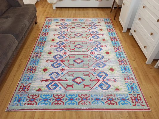 SAMA | Turkish Rug, Vintage style with Faded Beige Red Green Blue Pattern Area Rugs, Home Office floor Decor Aztec Patchwork Alfombra Carpet