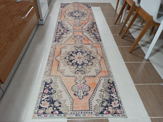 VARO | Turkish Runner Rug, Blush Orange, Beige Vintage Hand-knotted pattern, Mid-century Housewarming decor, Hallway & Entryway Carpet Rugs