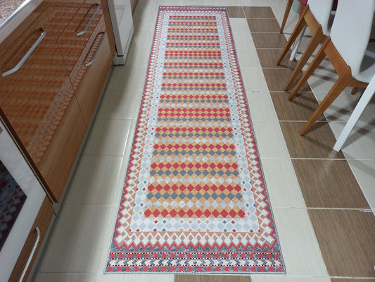 MARYA | Kilim Runner, Turkish Flatweave Vintage design look, Hallway Runners, Modern Farmhouse Home Decor Light Blue Geometric motif, Carpet