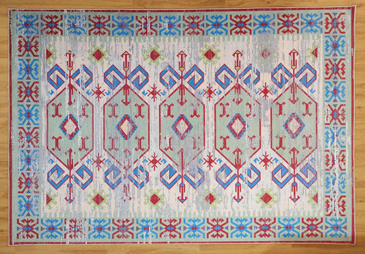 SAMA | Turkish Rug, Vintage style with Faded Beige Red Green Blue Pattern Area Rugs, Home Office floor Decor Aztec Patchwork Alfombra Carpet