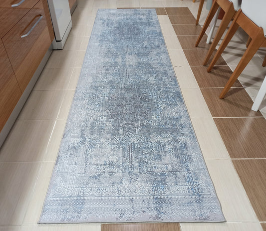 PANA Runner | Turkish Design Distressed Rug, Vintage look, Mid century Interior decor, Gray Light Blue, White, Geometric area rug, Fame Rugs