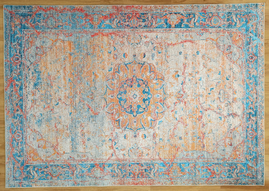 NOEMI | Turkish Oriental rug, Beige Orange Light Blue Vintage look, Hand-knotted pattern, Mid-century Bohemian style Area rug and Runner Rug