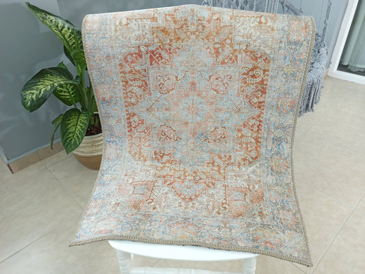 HARA Mini | Faded Persian Heriz Pattern Beige & Blue Oriental Rug, Geometric Medallion Rug, Small Carpet, Tribal Ethnic Unique Carpet Rugs