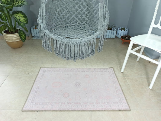 COLE Mini | Persian Style Blush Pink Neutral Vintage rug, Natural Beige Handmade look Shabby Chic decor, Poudre powder, Boho Small Carpet