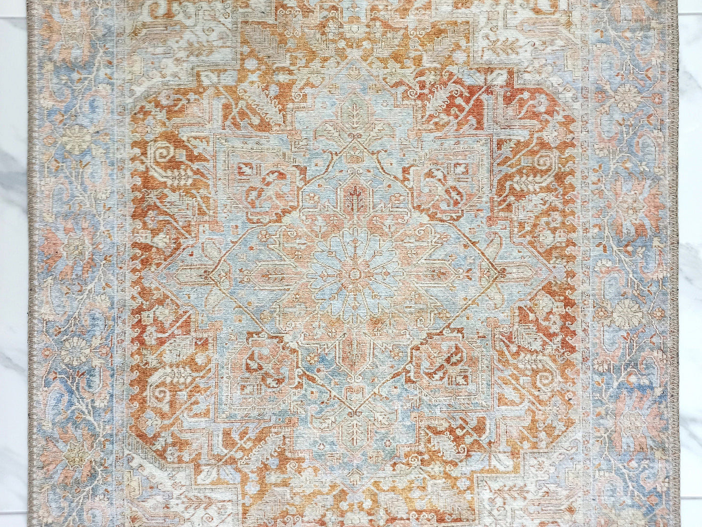 HARA Runner | Faded Persian Heriz Pattern Beige & Blue Oriental Rug, Mid-century Modern, Farmhouse Rugs, Tribal Ethnic Unique Carpet Rugs