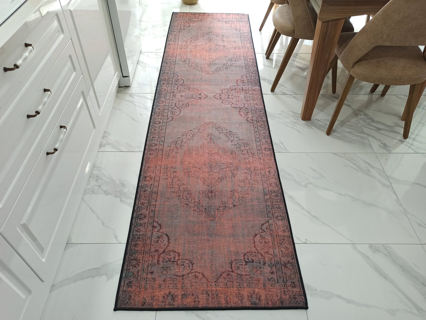 SOFYA Runner | Oriental Design, Vintage looks, Persian pattern Hand-knotted texture, Home decor, Floral, Mid-century, Orange, Gray rug, Dark