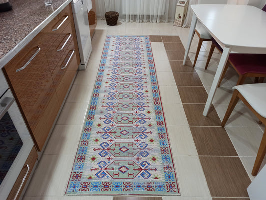 SAMA Runner | Turkish Rug, Vintage style with Faded Beige Red Green Blue Pattern Runner Rugs, Home Office floor Decor Aztec Alfombra Carpet