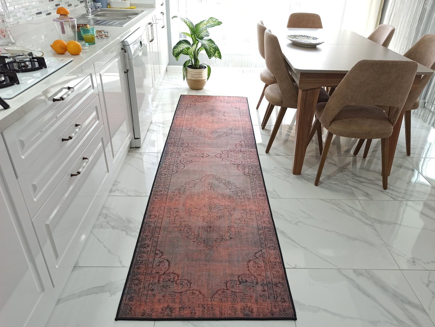 SOFYA Runner | Oriental Design, Vintage looks, Persian pattern Hand-knotted texture, Home decor, Floral, Mid-century, Orange, Gray rug, Dark