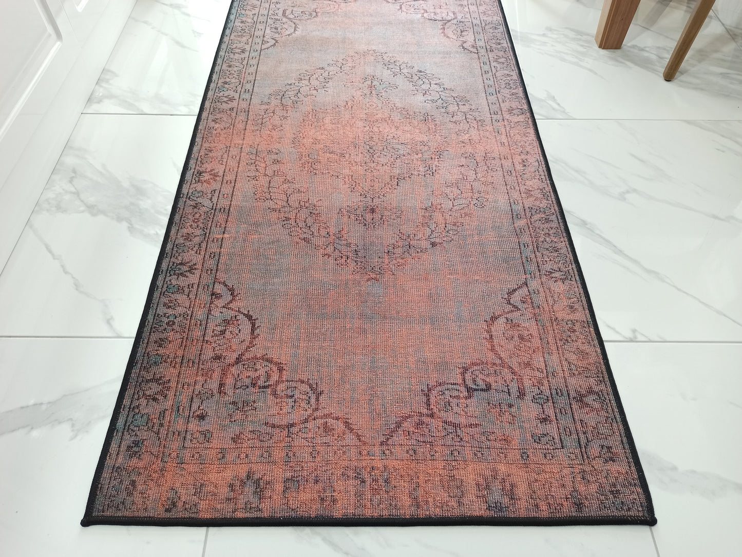 SOFYA Runner | Oriental Design, Vintage looks, Persian pattern Hand-knotted texture, Home decor, Floral, Mid-century, Orange, Gray rug, Dark