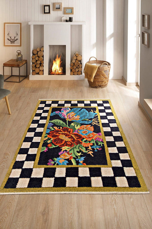 SHUSHA | Turkish Azerbaijan Black and White Vintage rug look, Colorful Floral Motifs Luxurious Hand-knotted texture Home decor, Area rugs