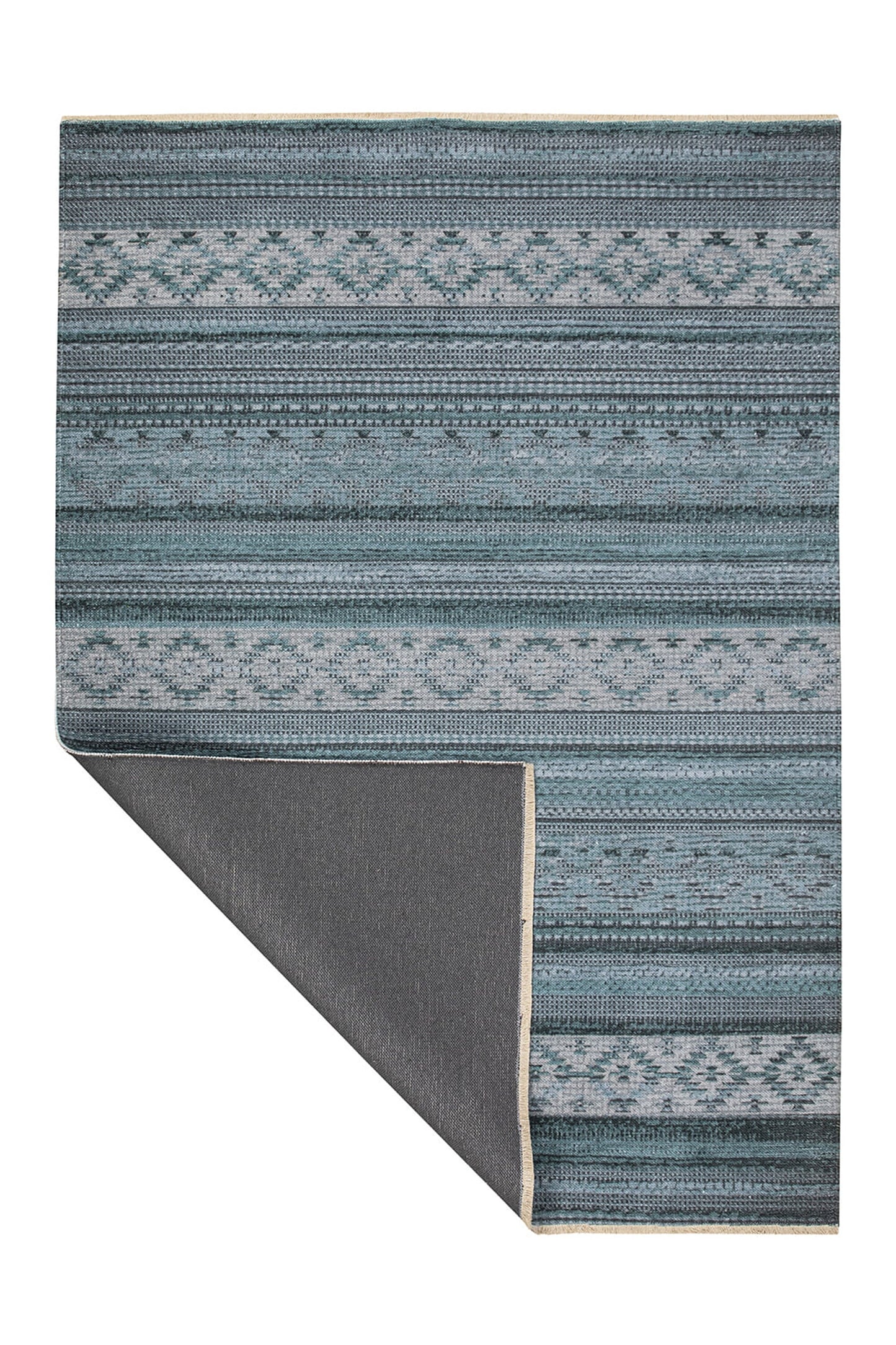 GRETA | Kilim Style Turkish Rug, Green Vintage Look, Faded Traditional Area Rug, Bohemian Striped Mid-century Floor Decor Kilim Carpet, Blue