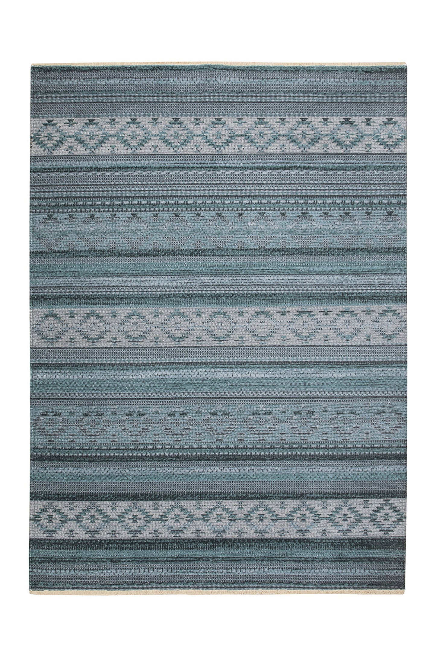 GRETA | Kilim Style Turkish Rug, Green Vintage Look, Faded Traditional Area Rug, Bohemian Striped Mid-century Floor Decor Kilim Carpet, Blue