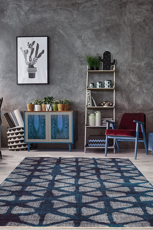 HALLIE Blue | Scandinavian Rug, Nordic Geometric Style, Moroccan Berber Style, Teal Modern Area Rug For Living Room, Blue Gray, Home decor